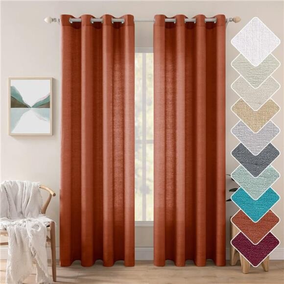 Burnt Orange Linen Textured Semi Sheer Curtains 2 Panels for Living Room Bedroom - Picture 1 of 7
